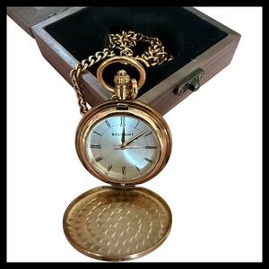 Bolvaint Paris Pocket Watch Gold Tone Quartz with Chain & Display Box
